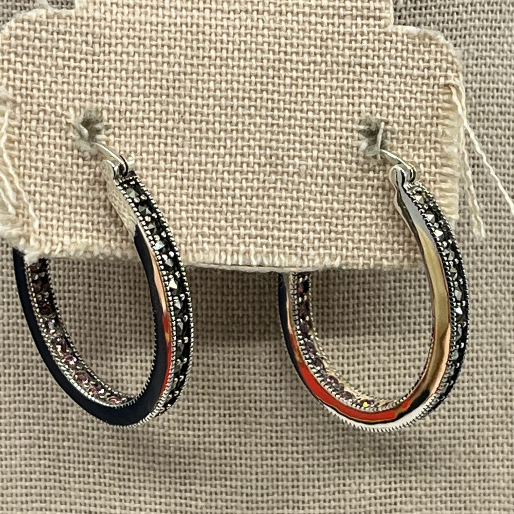 Vintage Suspicion 925 Sterling Silver Marcasite Hoop Earrings with Purple Gems - Picture 7 of 17